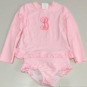 Pink Striped Kids 2 piece bathing suit with monogrammed “B”